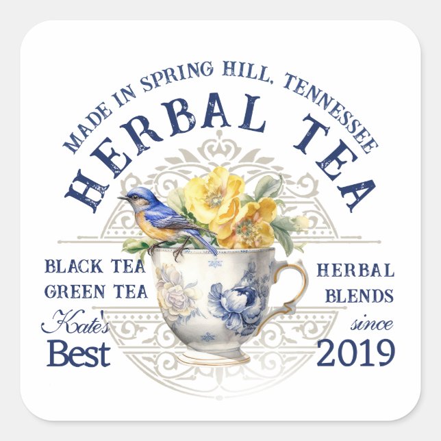 Handcrafted Tea Label with teacup roses bluebird   (Front)