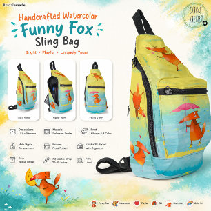 Handcrafted Watercolor Funny Fox Sling Bag