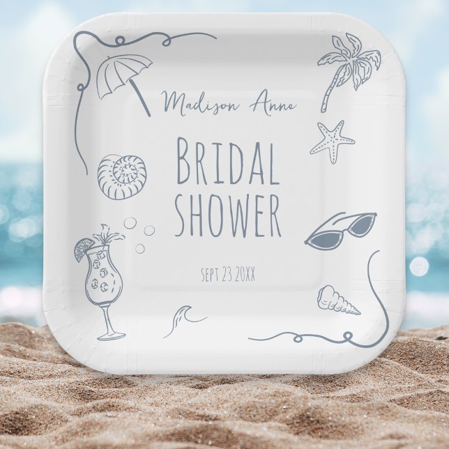 HandDrawn Beach Doodle Illustrations Bridal Shower Paper Plate (Creator Uploaded)