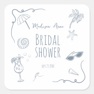 HandDrawn Beach Doodle Illustrations Bridal Shower Square Sticker