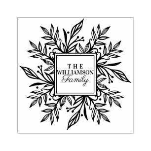Handdrawn Botanical Flourishing Wreath Family Name Rubber Stamp