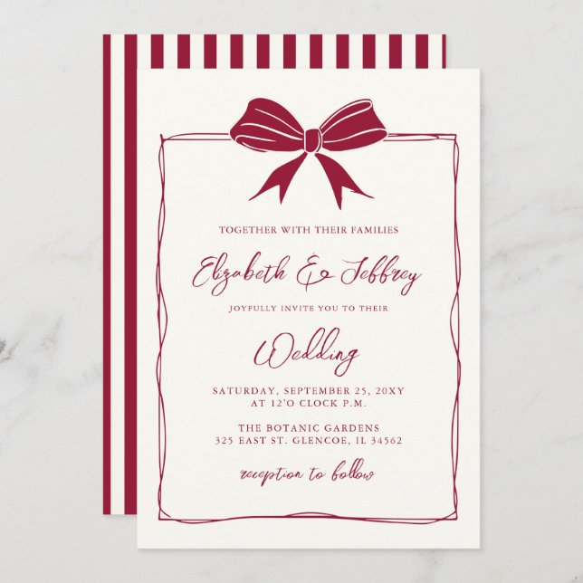 Handdrawn Bow Coquette Modern Chic Wedding Invitation (Front/Back)