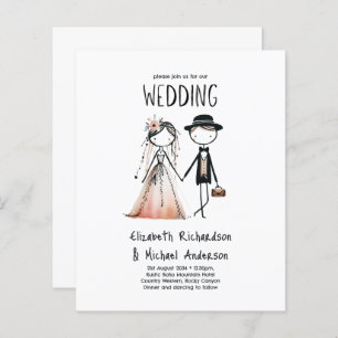 Handdrawn Bride Groom Simple Cute Wedding Invites