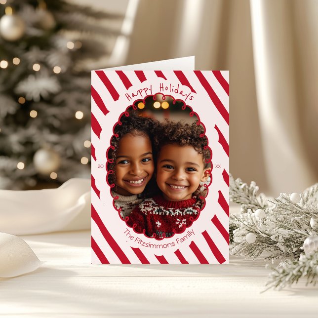 Handdrawn Candy Cane Stripe Christmas Photo Card (Retro Candy Cane Whimsical Striped Christmas folded card)