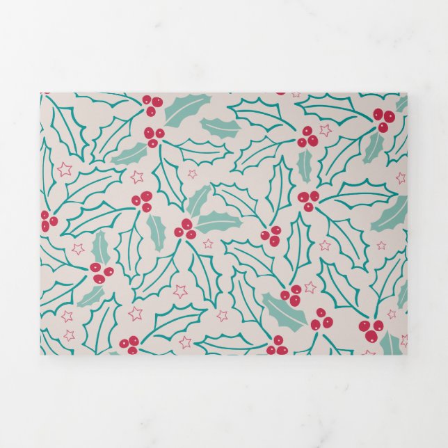 Handdrawn Christmas Holly Berries Red Green White Tri-Fold Holiday Card (Cover)