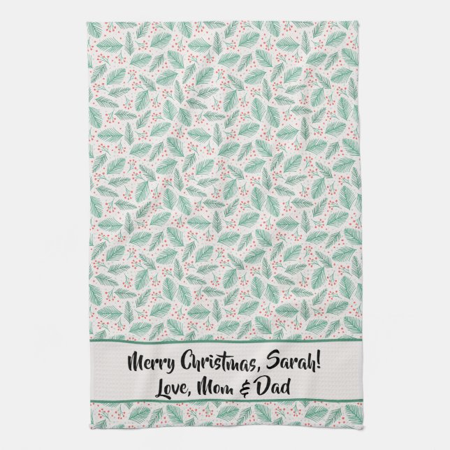 Handdrawn Christmas Pine Branches Green Red Tea Towel (Vertical)