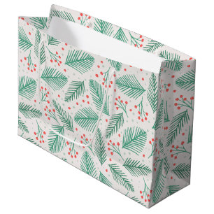 Handdrawn Christmas Pine Branches Green Red White Large Gift Bag