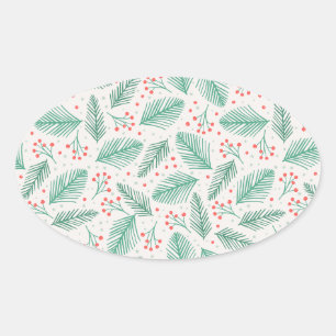 Handdrawn Christmas Pine Branches Green Red White Oval Sticker