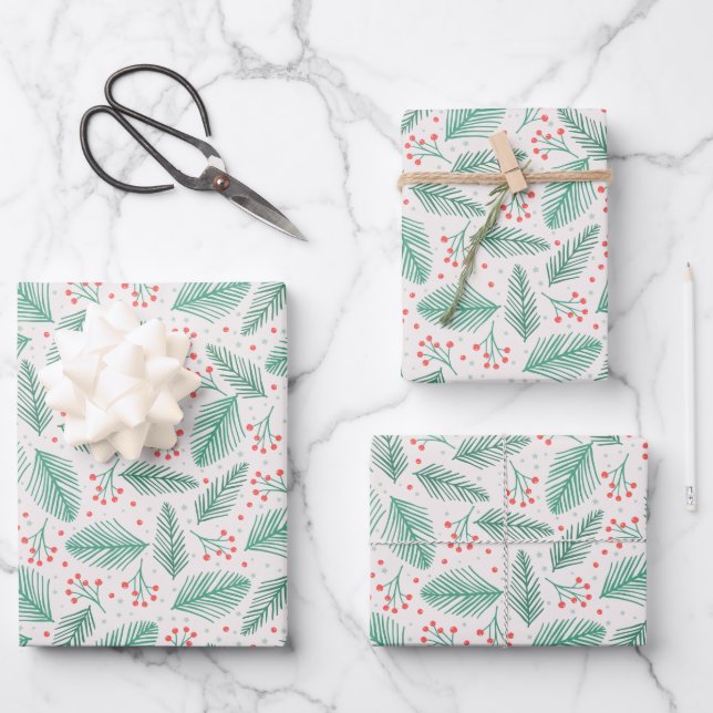 Handdrawn Christmas Pine Branches Green Red White Wrapping Paper Sheet (Front)