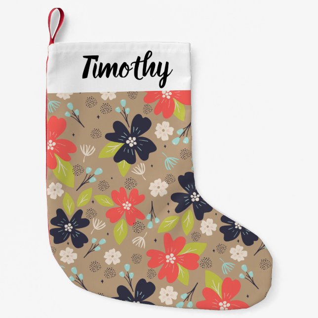 Handdrawn Christmas Poinsettia Red White Navy Small Christmas Stocking (Front)