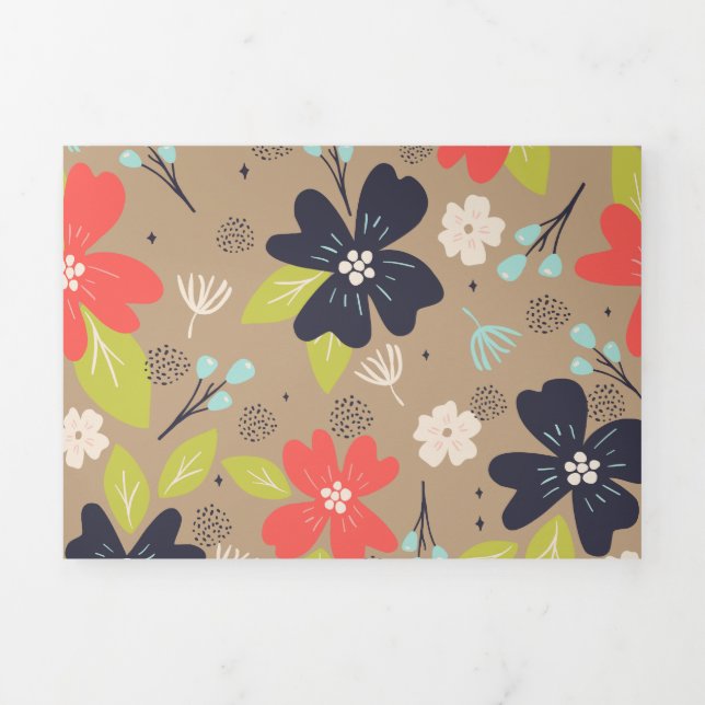 Handdrawn Christmas Poinsettia Red White Navy Tri-Fold Holiday Card (Cover)