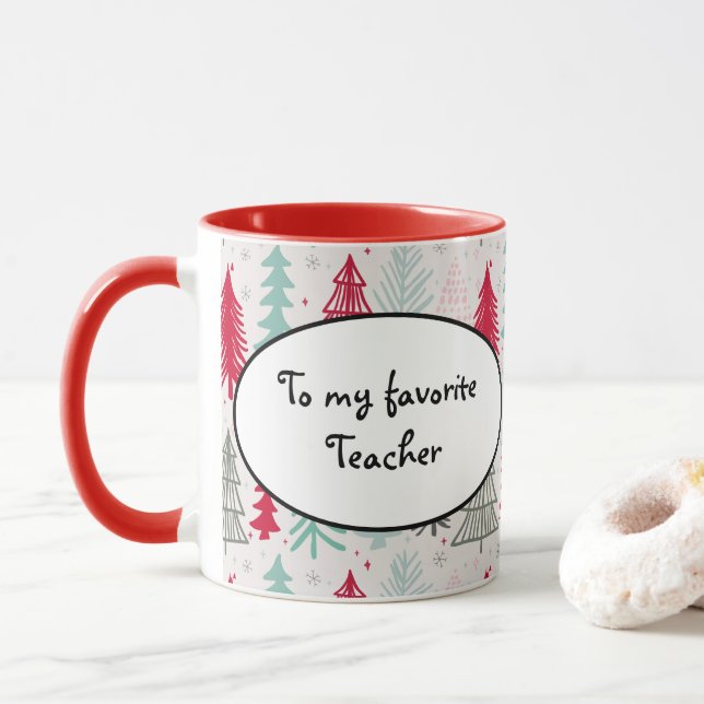 Handdrawn Christmas Trees Evergreen Pine Red Green Mug (With Donut)