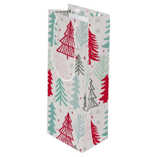 Handdrawn Christmas Trees Evergreen Pine Red Green Wine Gift Bag