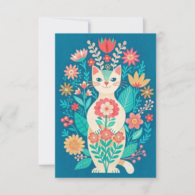 Handdrawn cute folk art cat and flowers thank you card (Front)