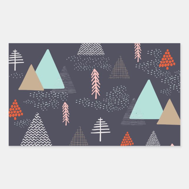 Handdrawn Evergreen Pine Trees in Snow at Night Rectangular Sticker (Front)