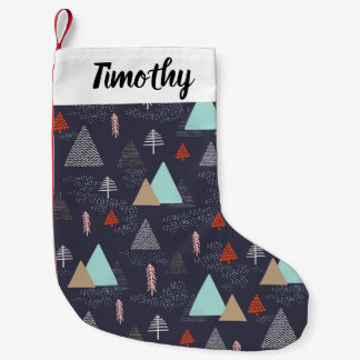 Handdrawn Evergreen Pine Trees in Snow at Night Small Christmas Stocking