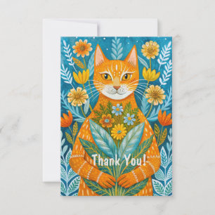 Handdrawn ginger cat and flowers thank you card