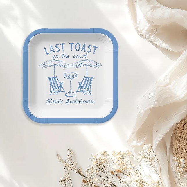 Handdrawn Last Toast Coast Blue Bachelorette Party Paper Plate (Creator Uploaded)