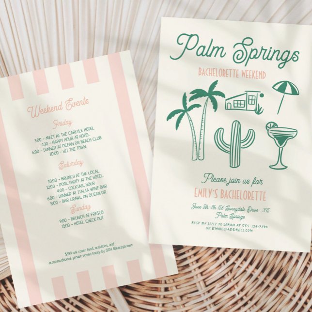 Handdrawn Palm Springs Pink Bachelorette Weekend Invitation (Creator Uploaded)