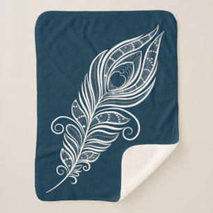Handdrawn peacock feather in henna style sherpa blanket