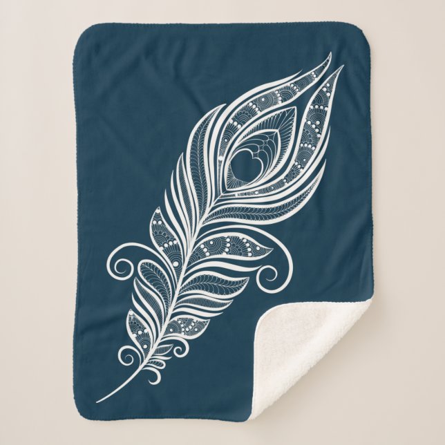 Handdrawn peacock feather in henna style sherpa blanket (Front)