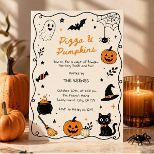 Handdrawn Pizza & Pumpkins Painting Halloween Invitation