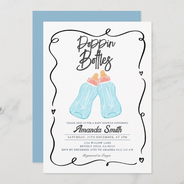 Handdrawn Poppin Bottles Baby Shower Invitation (Front/Back)