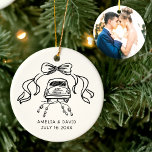 Handdrawn Retro Wedding Car Just Married Photo Ceramic Ornament<br><div class="desc">Celebrate your love in vintage style! This hand-drawn retro JUST MARRIED wedding car ornament with a whimsical ribbon bow frame and custom photo on back makes the sweetest keepsake for newlyweds.</div>