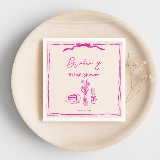 Handdrawn scribble retro pink ribbon bridal shower napkin (Handdrawn scribble retro pink ribbon bridal shower template napkins personalized tableware decor)