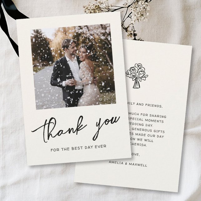 Handdrawn Script Trendy Wedding Photo Thank You Card (Creator Uploaded)