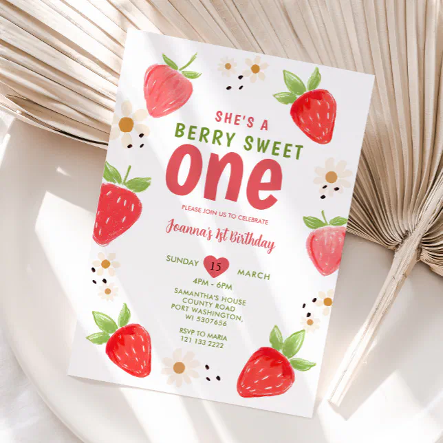 Handdrawn Strawberry Sweet One Berry 1st Birthday Invitation | Zazzle