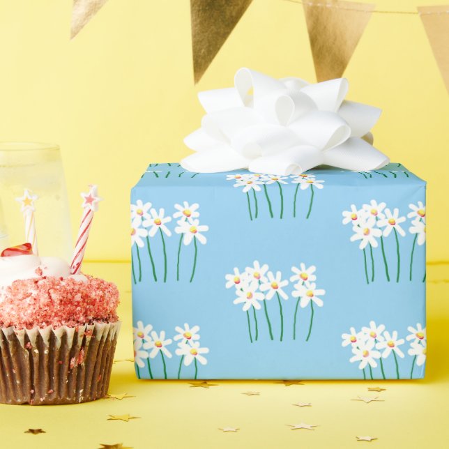 Handdrawn sweet white daisies on soft mid blue wrapping paper (Birthday Party)