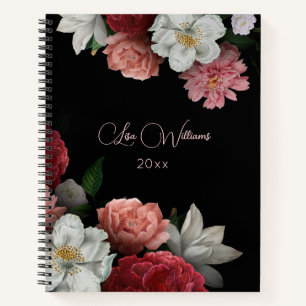 Handdrawn Vintage Roses Black Background Notebook