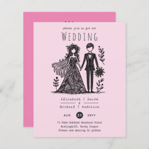 Handdrawn Wedding Cartoon Bride Groom Pink