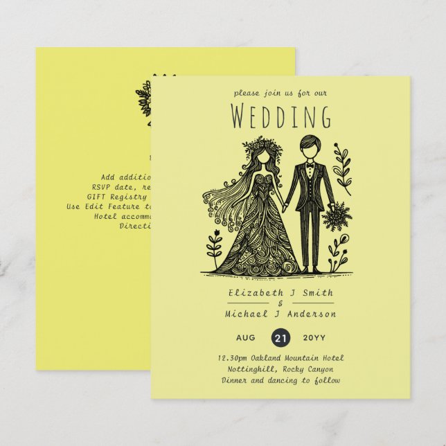 Handdrawn Wedding Cartoon Bride Groom Yellow (Front/Back)