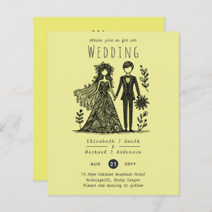 Handdrawn Wedding Cartoon Bride Groom Yellow