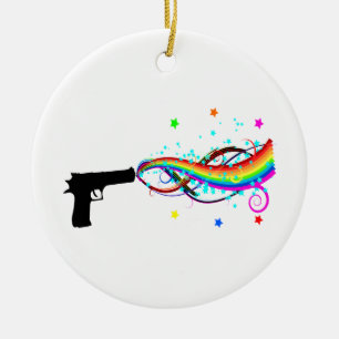 Handgun Shooting Stars & Rainbows Ceramic Tree Decoration