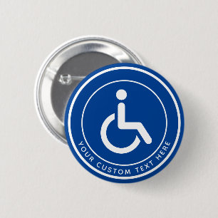 Handicapped disabled symbol text blue white 6 cm round badge