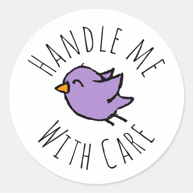 Handle me with care Cute Purple Bird Drawing Classic Round Sticker (Front)