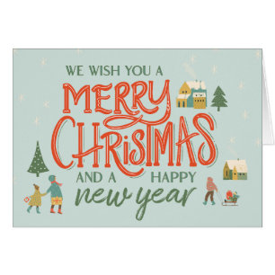 Handlettered Merry Christmas Village Greeting Card
