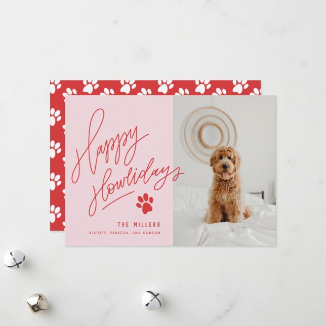 Handlettered Red Happy Howlidays Paw Dog Photo Holiday Card (Front/Back In Situ)