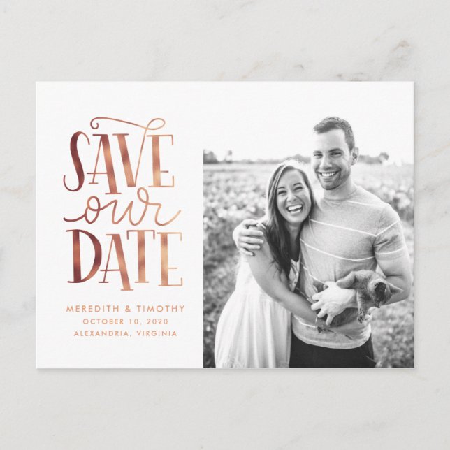 Handlettered Rose Gold Photo Save the Date Postcard (Front)