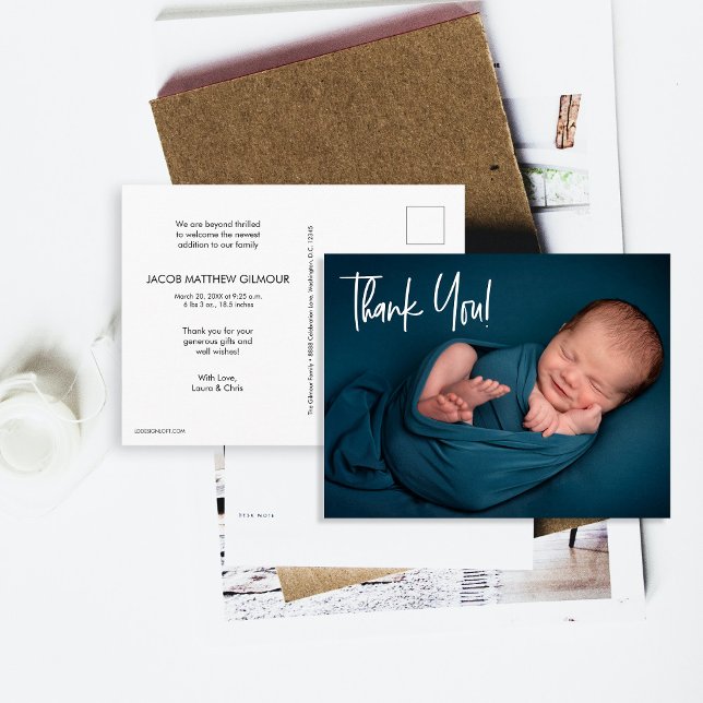 Handlettering Baby Boy Photo baby shower thank you Postcard (Baby thank you postcard with birth stats.)
