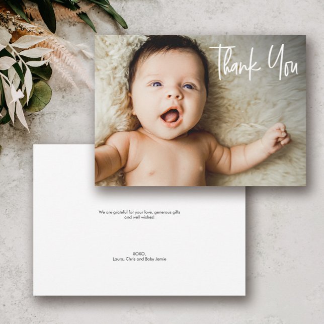 Handlettering Custom Baby Shower 1 Photo Thank You Card (Custom modern baby shower thank you baby photo card)