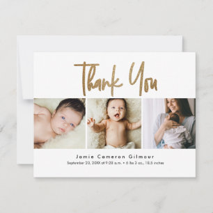 handlettering Gold Script Custom 3 photo Baby Thank You Card