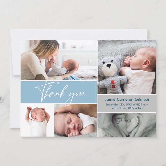 Handlettering Modern Blue Multi Photo Baby Shower Thank You Card (Front)