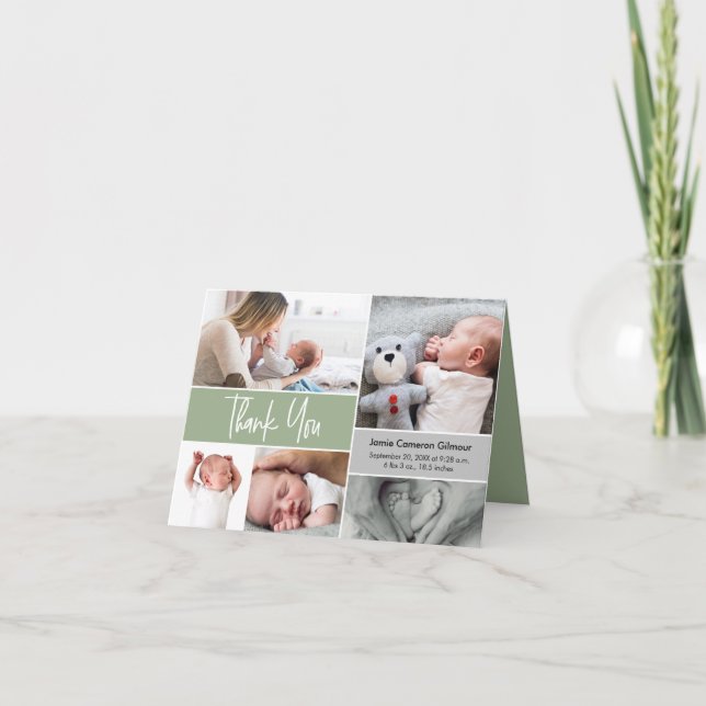  Handlettering Photo Collage Baby Shower Green Thank You Card (Front)