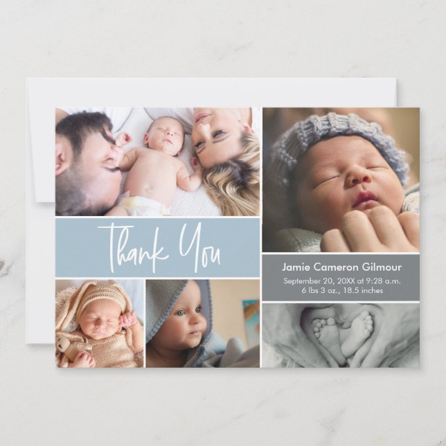 Handlettering Photo Collage Blue Baby Shower  Thank You Card (Front)