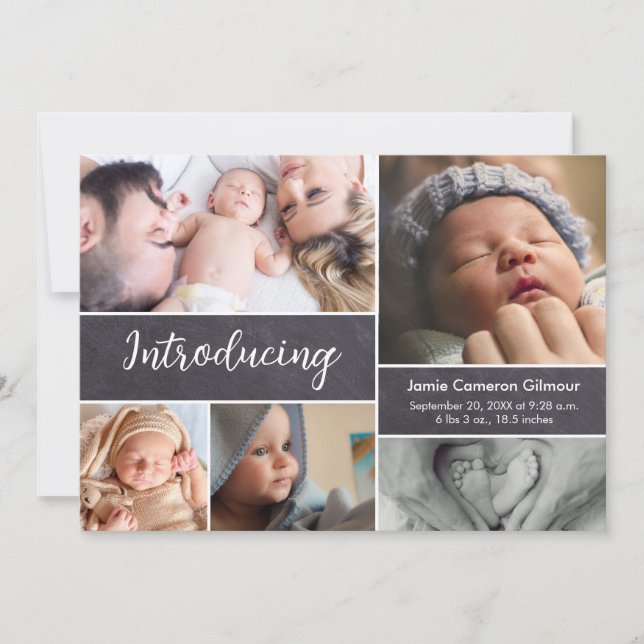 Handlettering Photo Collage Introducing Baby Thank You Card (Front)