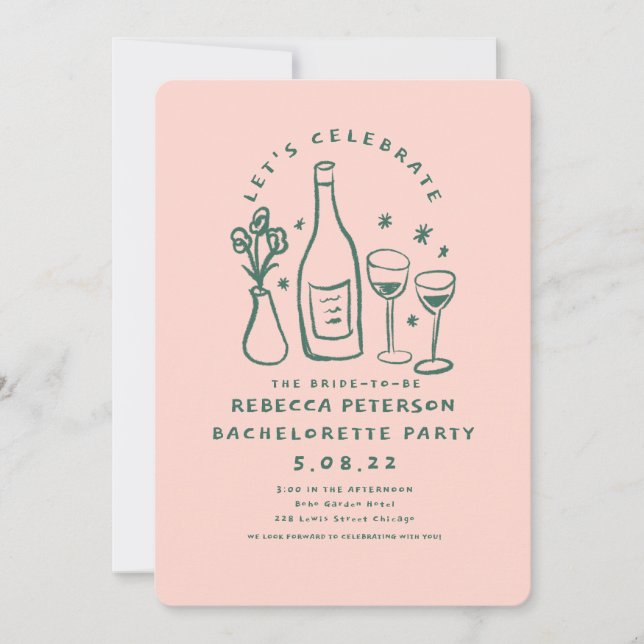 Handlettering Retro Pink Green Bachelorette party Invitation (Front)